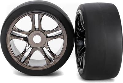 Traxxas XO-1 Rear Slick Tires On Black Chrome Rims (2)