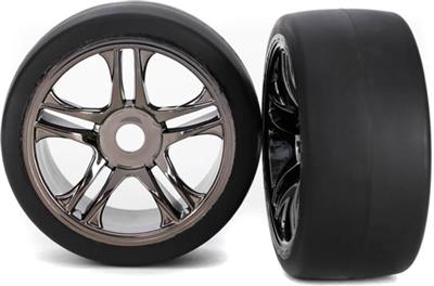 Traxxas XO-1 Front Slick Tires On Black Chrome Rims (2)