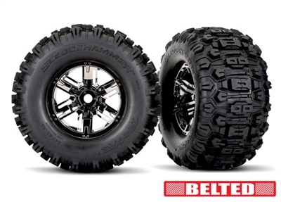 Traxxas X-Maxx  Sledgehammer Belted Tires on Black Chrome Rims (2)