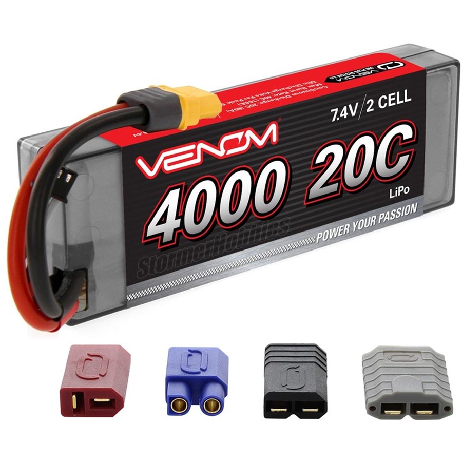 Venom Drive Series 20C 2S - 4000mAh 7.4V LiPo RC Hardcase Battery -  Universal 2.0 Plug, Lithium Polymer 2 Cell - Soft Silicone Connector &  Compatible