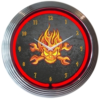 Fire Skull & Wrenches Neon Clock
