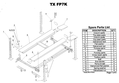 A breakdown list for the FP7K four post lift.