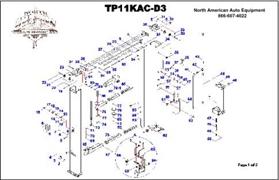 TP11KAC-D3 Parts Breakdown | Replacement Parts for Direct Drive 11,000 lb Two Post Lift with 3 Stage Arms