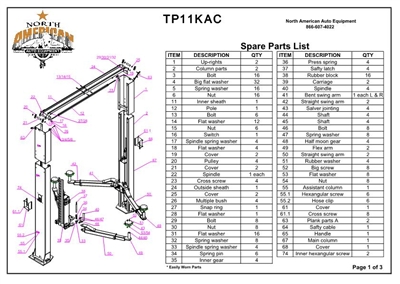 TP11KAC Parts Breakdown | Replacement Parts for 11,000lb 2 Post Lift