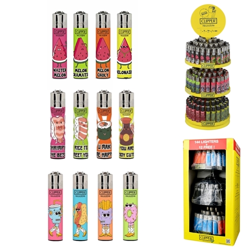 CLIPPER Lighter 3-Tier Display Food 144ct + 12 Free  (156 Lighters)