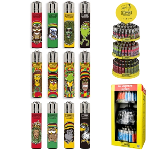 CLIPPER Lighter 3-Tier Display Rasta 144ct + 12 Free  (156 Lighters)