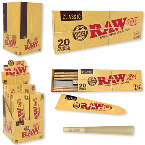 Raw CLASSIC 1Â¼ size. Cones 20 Count. 12 Boxes per Display