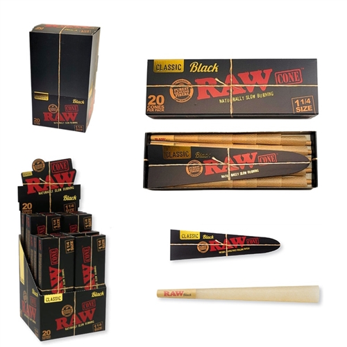 Raw Black Classic 1Â¼ size. Cones 20 Count. 12 Boxes per Display