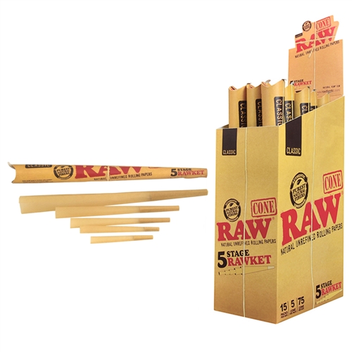 RAW Classic Pre-Rolled Cones, Variety Pack (5 Stage Rawket). 15 Pack