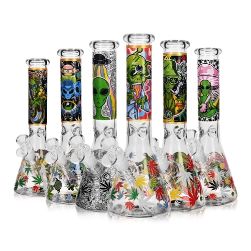 Vault 10" Beaker Water Pipe with Alien & Leaf Designs â€“ 14mm