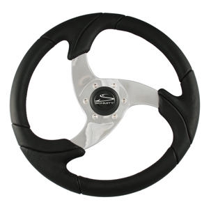 Ongaro Folletto 14.2" Black Poly Steering Wheel with Polished Spokes & Black Cap, Fits 3/4" Tapered Shaft Helm