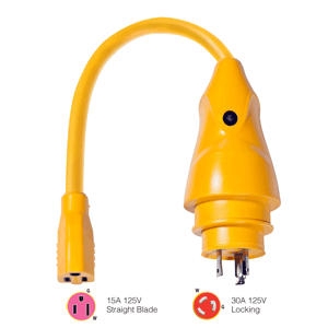 Marinco P30-15 EEL 15A-125V Female to 30A-125V Male Pigtail Adapter, Yellow