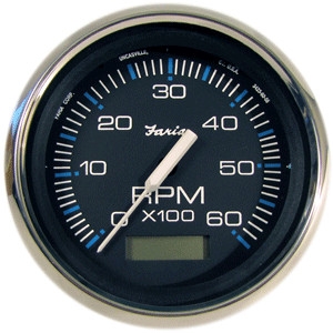 Faria Chesapeake Black Stainless Steel 4" Tachometer with Hour meter, 6,000 RPM (Gas, Inboard) 33732