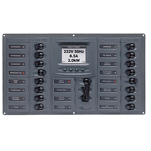 BEP AC Circuit Breaker Panel with Digital Meters, 16SP 2DP AC230V ACSM Stainless Steel Horizontal