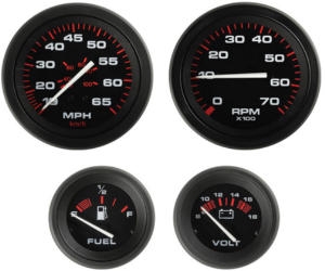 Sierra Amega 4 Gauge Set, Tach(7000 RPM), Speedometer (65 mph), Voltmeter(12v), Fuel gauges, 68362P