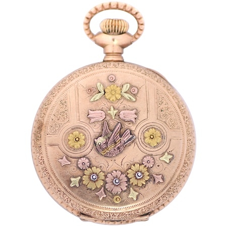 Very Special Antique Pocket Watch with Rose, White, Yellow and Green Gold Bird and Flowers
