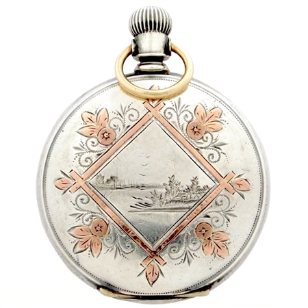 Coin Silver Antique Watch Case with Etched Landscape Surrounded in Rose Gold