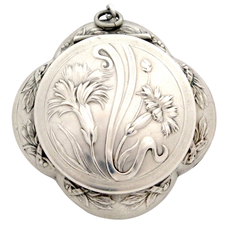 Sterling Silver Art Nouveau Quatrefoil French Patch Box with Gorgeous Embossed Carnations