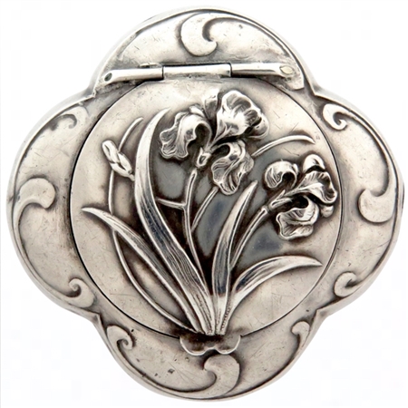 Sterling Silver Art Nouveau Quatrefoil French Patch Box with Stunning Embossed Irises