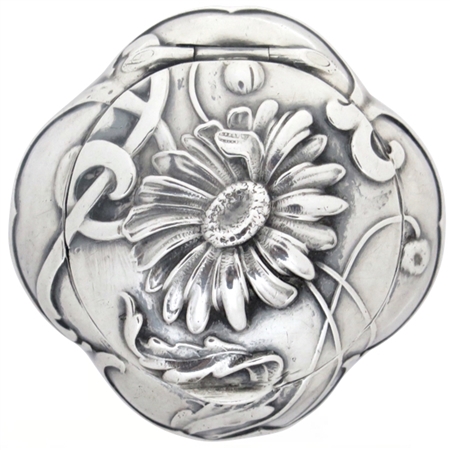 Gorgeous Handmade Singular Chrysanthemum on Antique Coin Silver Quatrefoil French Patch Box