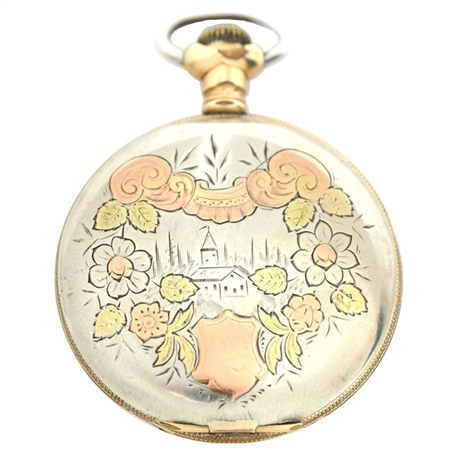Extraordinary, Gorgeous Fine Silver  Antique Pocket Watch Decorated with Rose and Green Gold