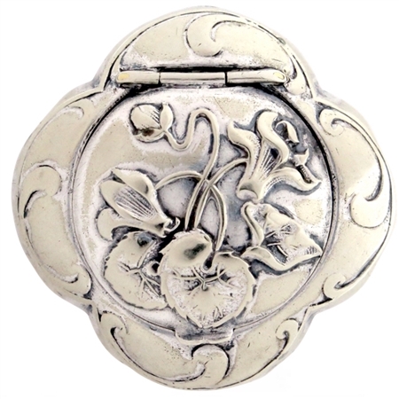 Gorgeous Embossed Cyclamen Flower and Leaves on Sterling Silver Antique Quatrefoil French Patch Box with