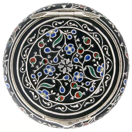 Ornately Enameled Flowers, Buds and Leaves on 800 Silver and Niello Antique Patch Box
