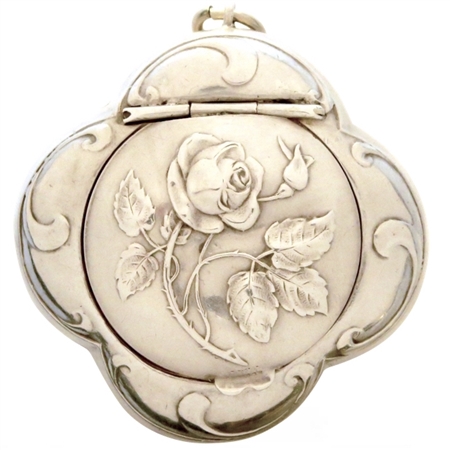 Gorgeous Embossed Rose and Leaves on Sterling Silver Antique Quatrefoil French Patch Box
