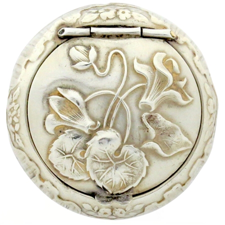Embossed Cyclamen Flowers and Leaves  Decorate Sumptuous Sterling Silver Patch Box