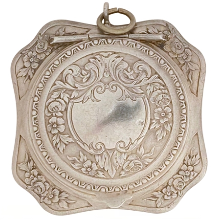 Octagonal 19th Century Sterling Silver Patch Box Embossed on the Top, Bottom and All The Edges with Leaves and Flowers