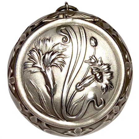 Sterling Silver Art Nouveau Patch Box from 1900 Exquisitely Embossed with 2 Finely-Articulated Carnation Flowers