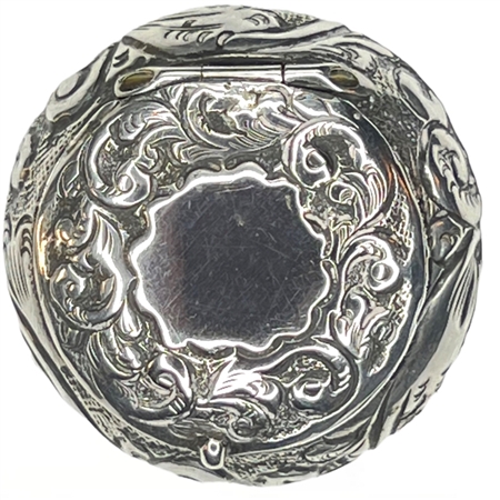 Art Nouveau Sterling Perfectly Round Patch Box by Henry Williamson, Birmingham, England  circa 1898 Decorated with Waves and Arabesques