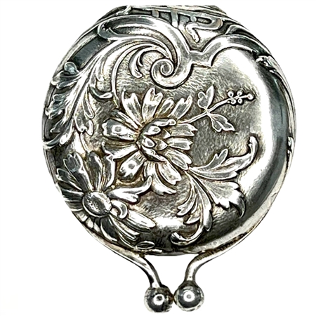 Repousse Art Nouveau Chrysanthemum Flowers and Leaves  Decorate Stunning Sterling Patch Box with Rare "Coin Purse"  Closure