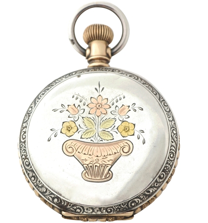 Rare Antique Watch Case with Basket of Rose and Green Gold Flowers