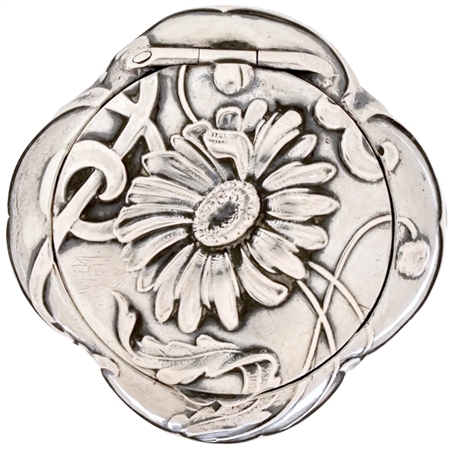 Stunning: One-of-a-Kind Sterling Silver  Art Nouveau Quatrefoil French Patch Box with Embossed Singular Marigold Flower and Leaves