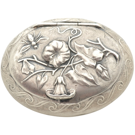 Sterling Silver Antique Patch Box with Exquisite Embossed Morning Glories and a Charming Bee - SOLD