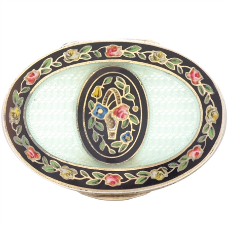 Art Deco French Sterling Silver Enamel and GuillochÃ© Oval Box Festooned With Multi-Colored Roses