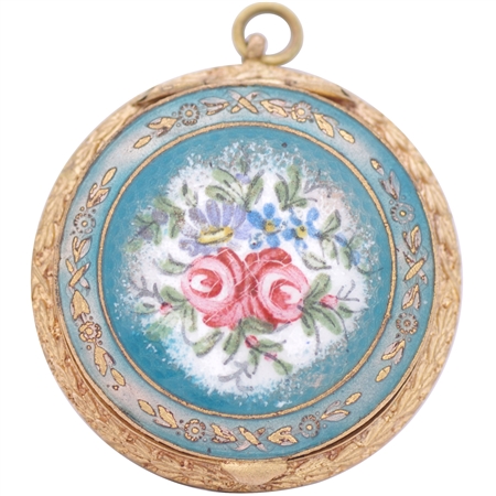 Antique French Brass Ormolu and Enamel Compact w/ hand-painted roses, cobalt and green enamel border.