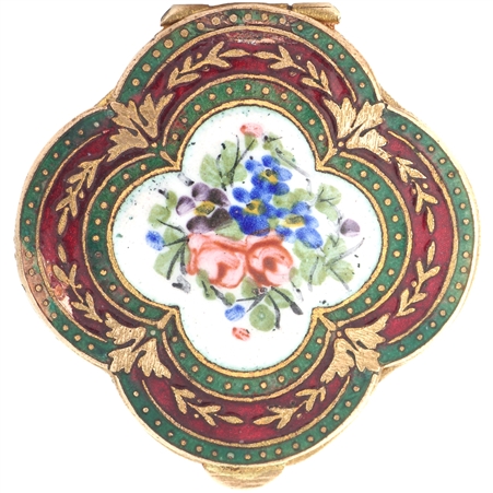 Antique French Brass Ormolu and Enamel Compact w/ hand-painted roses, cobalt and green enamel border.