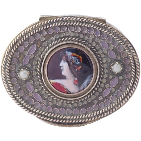 Oval 1880's French Limoges Enamel Portrait Bronze Compact