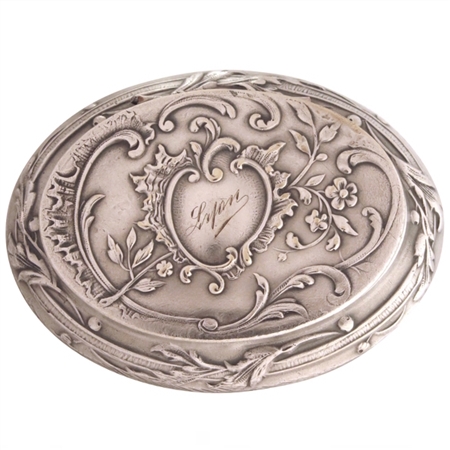 Nineteenth Century Louis XVI Silver Plate Patch Box with Embossed Rococo Pattern of Leaves, Flowers and Shells