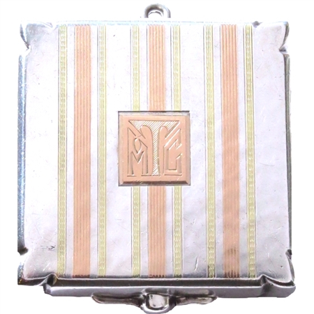 Antique Art Deco Sterling Silver Small Compact with 14K Rose Gold and Yellow Gold Stripes (NEW)