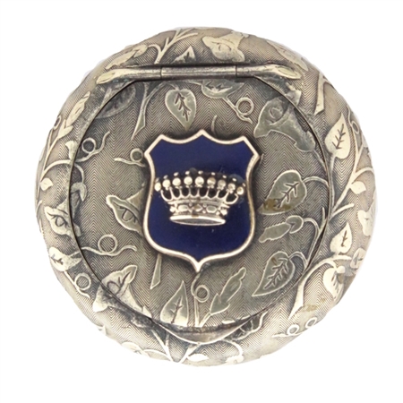Brass Patch Box with Morning Glories and Blue Enameled Shield with Raised Crown