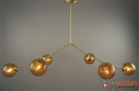 Branching Chandelier  Solid Brass Fixture with Satin Finish and 6" Hand Blown Amber Vintage Crackle Glass Globes