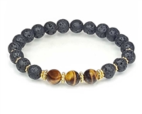 Tigers Eye Lava Stone and Gold Beaded Bracelet