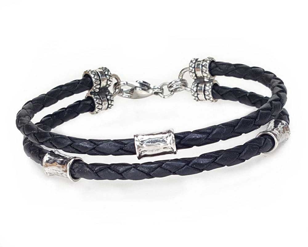 Silver 4mm Glass Beads 2-Layers Black Leather Wrap Bracelet, Handmade