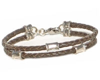 BROWN Leather 2 Strand Bracelet with 4mm Silver Beads