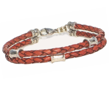 RUST Leather 2 Strand Bracelet with 4mm Silver Beads