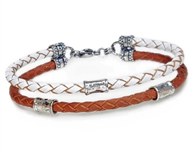 SADDLE and WHITE 2 Strand Leather Bracelet with Sterling Silver Beads