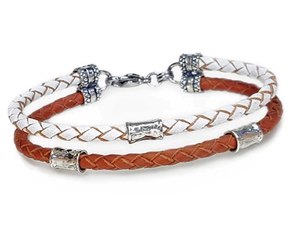 SADDLE and WHITE 2 Strand Leather Bracelet with Sterling Silver Beads